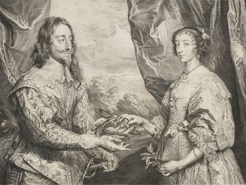 Robert van Voerst after Anthony van Dyck, Charles I and Henrietta Maria Holding a Laurel Wreath, 1634, engraving, The Royal Collection